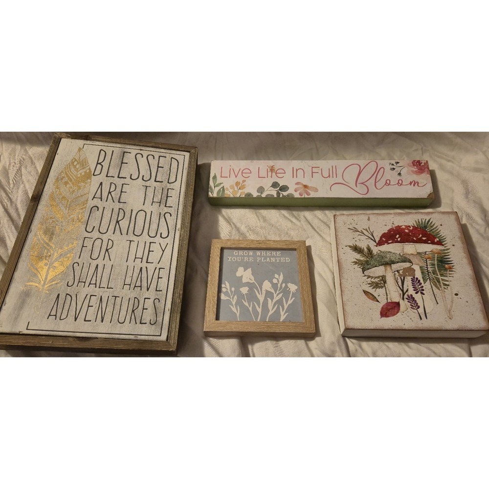 Farmhouse Boho Wall Art Lot of‎ 4 Signs Blessed Curious Bloom Botanical Decor